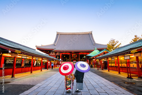 Photography Couple in traditional Japanese kimono visit Sensoji temple in Asakusa,Tokyo