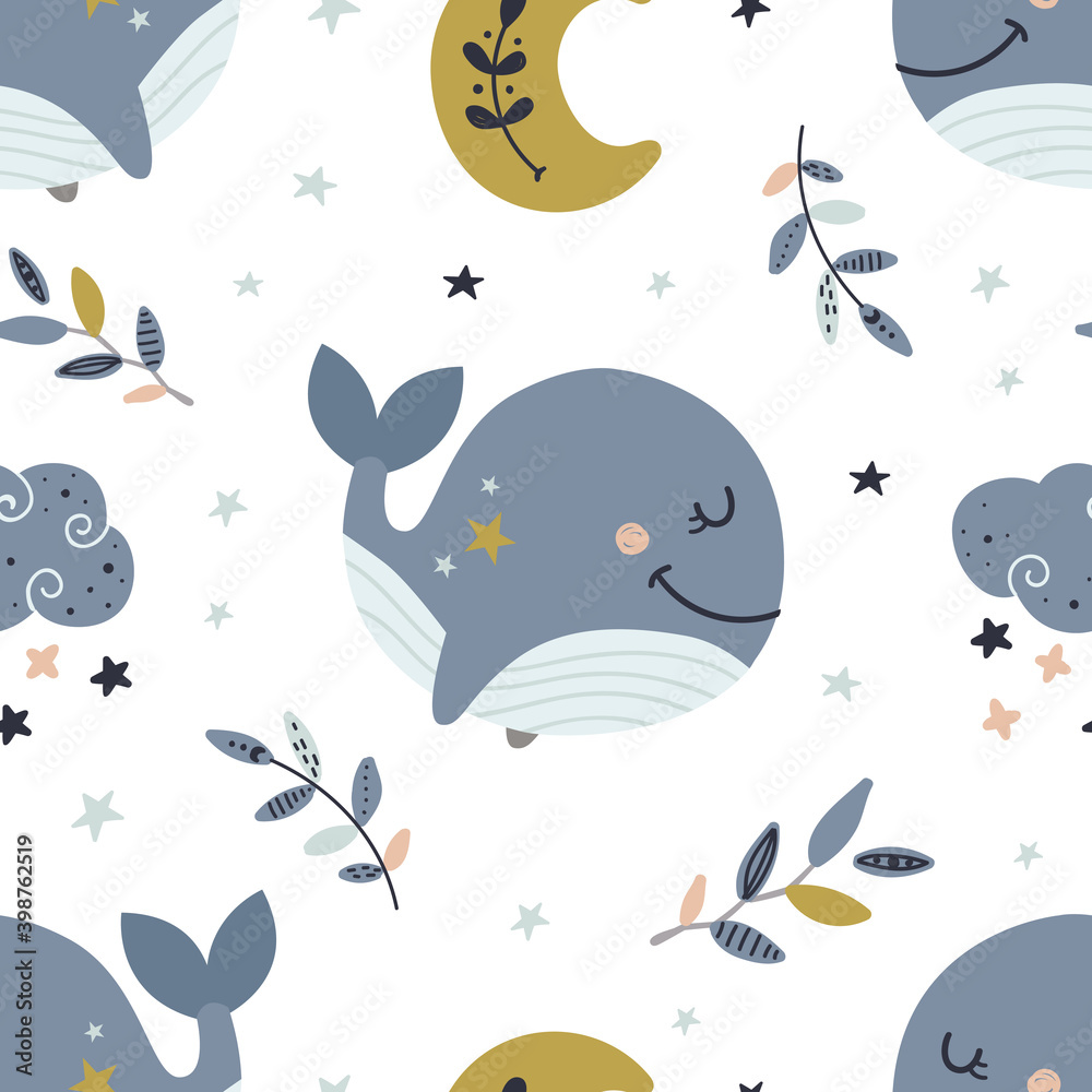 Seamless pattern with celestial whales.