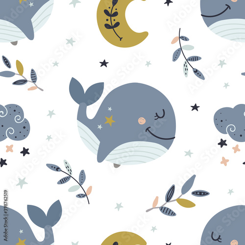 Seamless pattern with celestial whales.