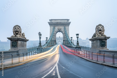 Famous Chain Bridge in Budapest with morning mist. Hungary 