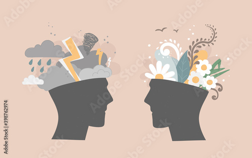 Mental health concept. Two heads, one contains bad weather, clouds, thunderstorms, rains. The second with flowers growing in it. Psychological help for stress. Vector illustration in hand drawing.