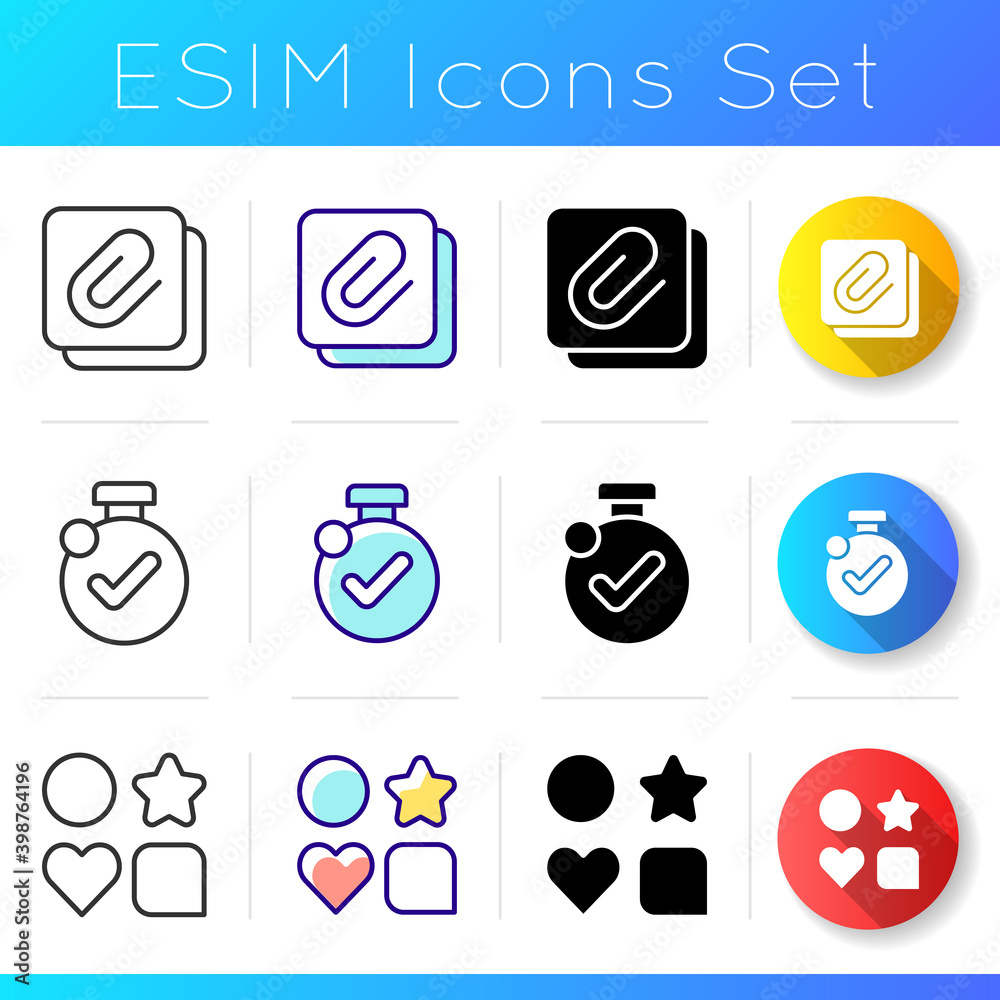 Mobile application interface icons set. Sending messages to different people. Enabling timer. Enter and exit. Linear, black and RGB color styles. Isolated vector illustrations