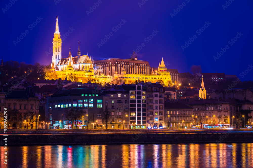 Fisherman's Bastion castle and St. Mathias church in Budapest - Hungary at night