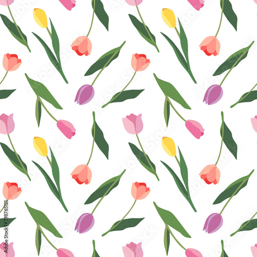 Floral seamless pattern with tulips. Red, yellow, pink, lilac spring flowers. Isolated vector illustration. Background for wrapping paper, textile, wallpaper, scrapbooking. Flat cartoon design.