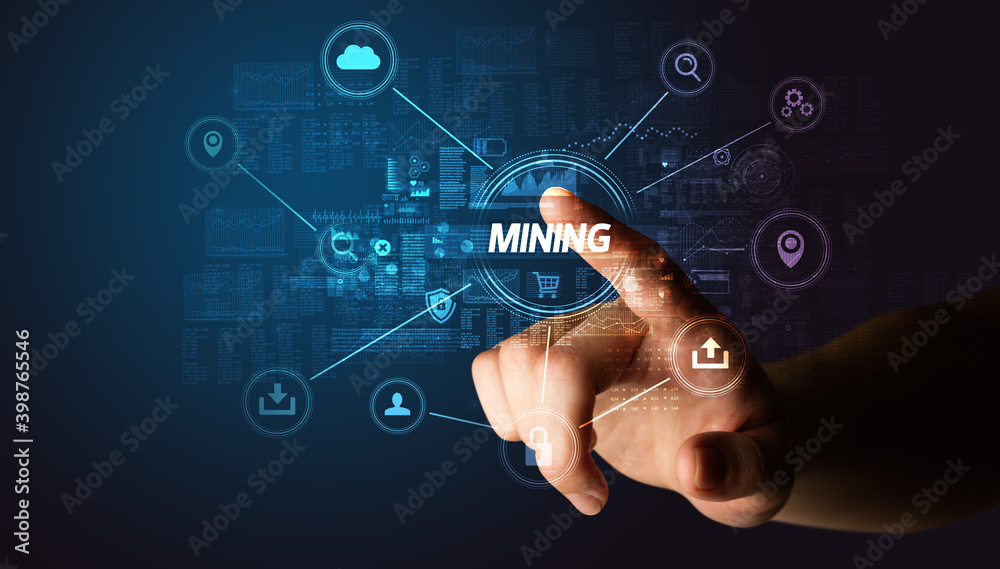 Hand touching MINING inscription, Cybersecurity concept Hand touching MINING inscription, Cybersecurity concept
