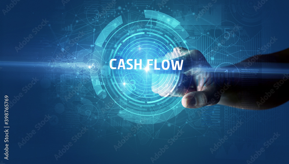 Hand touching CASH FLOW button, modern business technology concept Hand touching CASH FLOW button, modern business technology concept