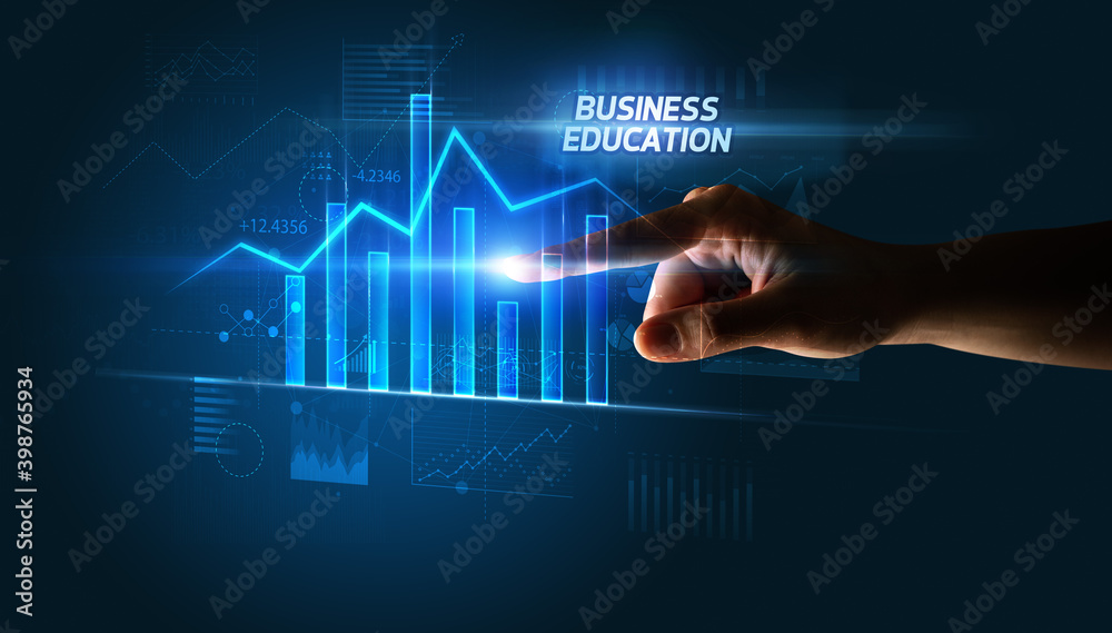 Hand touching BUSINESS EDUCATION button, business concept Hand touching BUSINESS EDUCATION button, business concept