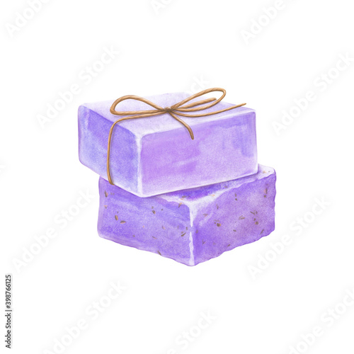 Lavender hand made soap bars hand drawn illustration isolated on white. Hand crafted purple soap bars with a bow.