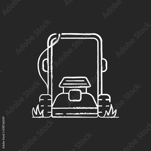 Lawn mowing chalk white icon on black background. Suburban housekeeping chore. Professional grass trimming, landscaping service. Electric lawnmower. Isolated vector chalkboard illustration