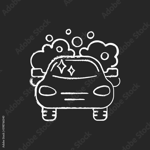 Car washing chalk white icon on black background. Professional vehicle maintenance service, personal transport washing and polishing. Housekeeping chore. Isolated vector chalkboard illustration