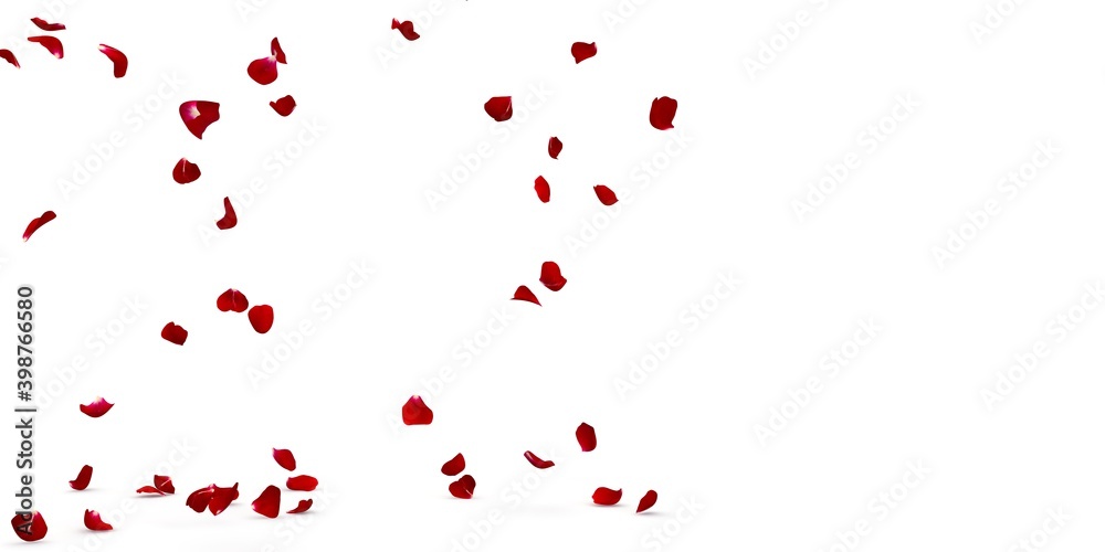 Red rose petals fall beautifully on the floor. 3D illustration