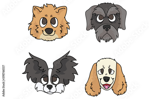 Cute cartoon dog breed set vector. Pedigree kennel spitz, papillon and schnauzer for dog lovers. Purebred cocker spaniel illustration. Isolated hunting hound. 