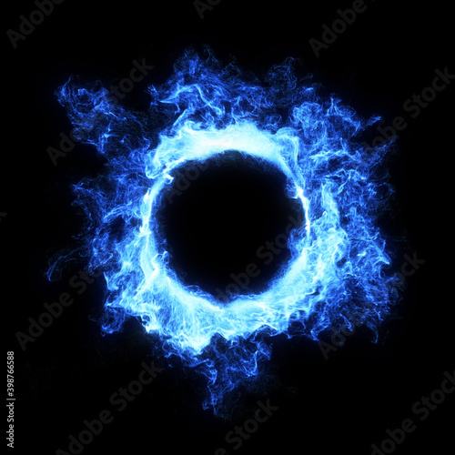 Abstract blue neon flame, smoke and plasma effect around a circle. Perfect for logo placement or content reveal. Fume exploding outward. smoke and eclipse visual effect. 3D render