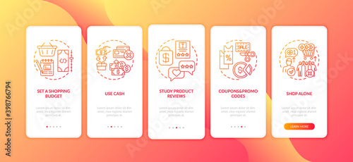 Shopping tips onboarding mobile app page screen with concepts. Shopping alone, coupons walkthrough 5 steps graphic instructions. UI vector template with RGB color illustrations