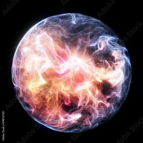 Magical energy orb effect on black background. smoke swirling inside the sphere. Psychedelic glowing bright fire light.