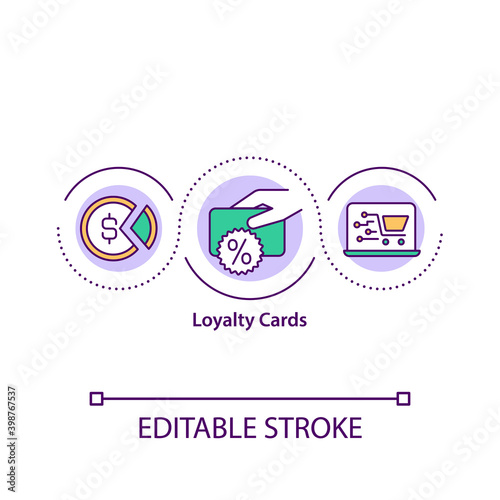 Loyalty cards concept icon. Reward program for customer. Commercial benefit. Smart shopping tips idea thin line illustration. Vector isolated outline RGB color drawing. Editable stroke