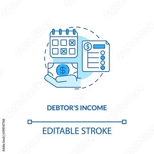 Debtor income blue concept icon. Monthly credit repayment. Borrower budget. Debtor accounting. Bankruptcy idea thin line illustration. Vector isolated outline RGB color drawing. Editable stroke