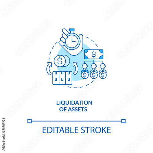 Liquidation of assets blue concept icon. Convert into cash. Business insolvency. Bankruptcy procedure idea thin line illustration. Vector isolated outline RGB color drawing. Editable stroke