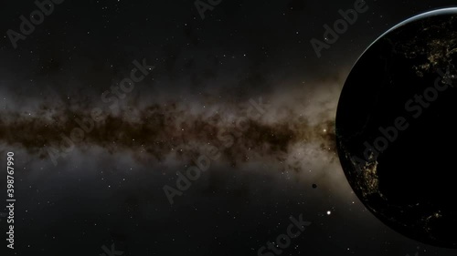 Beautiful sunrise over Earth. View from the space satellite. Cities at night. Change from Night to Day 3d Animation Rising Bright Sun. Modern business and technology concept. 4K Ultra HD.