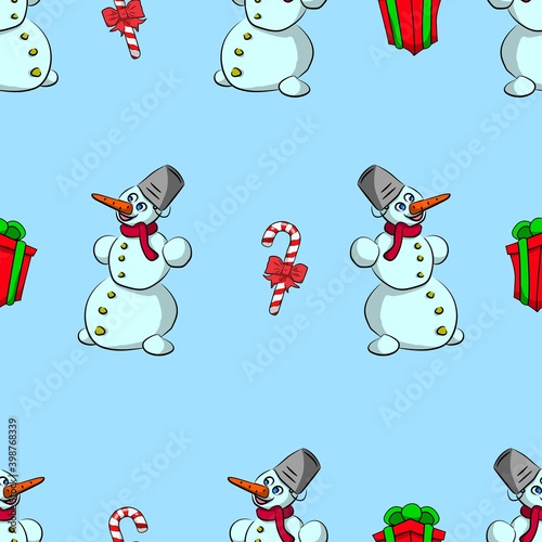 Vector illustration. Seamless pattern with snowman, gift box, Christmas cane on a blue background. Design element for poster, banner, clothes.
