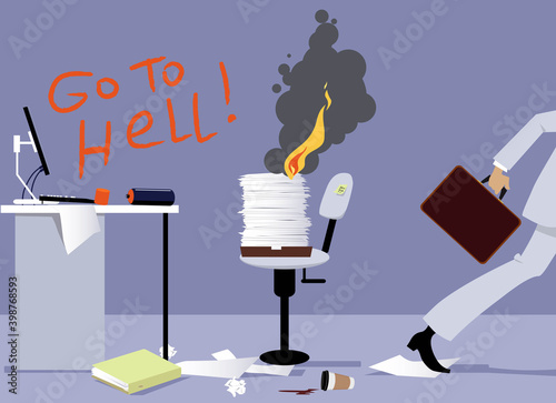 Disgruntled employee quitting his job, trashing the office and burning bridges, EPS 8 vector illustration 