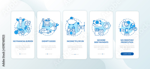 Debt free benefit blue onboarding mobile app page screen with concepts. Family budget. No financial burden walkthrough 5 steps graphic instructions. UI vector template with RGB color illustrations