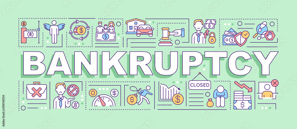 Bankruptcy word concepts banner. Financial failure condition. Debt problems. Infographics with linear icons on green background. Isolated typography. Vector outline RGB color illustration Bankruptcy word concepts banner. Financial failure condition. Debt problems. Infographics with linear icons on green background. Isolated typography. Vector outline RGB color illustration