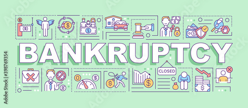 Bankruptcy word concepts banner. Financial failure condition. Debt problems. Infographics with linear icons on green background. Isolated typography. Vector outline RGB color illustration