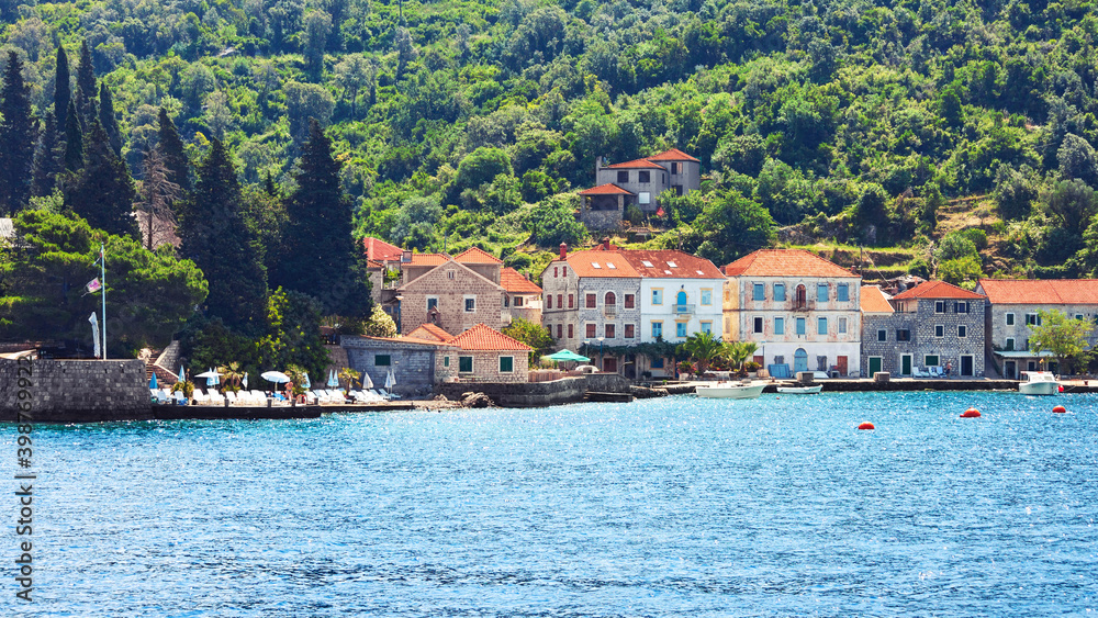 view of Bay of Kotor shore from the sea, Montenegro