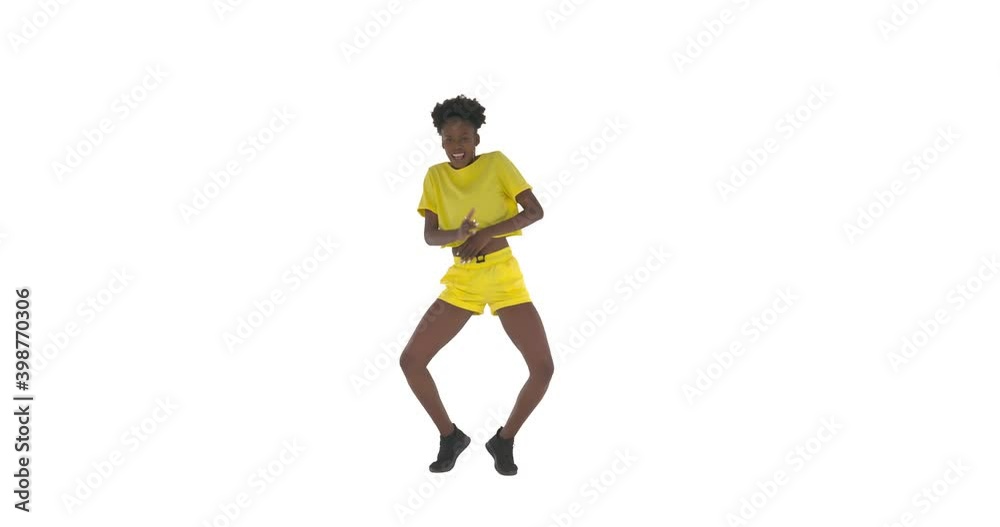 Portrait of young dancing African woman. Afro street dance. Hip hop moves. Isolated on white background. Portrait of young dancing African woman. Afro street dance. Hip hop moves. Isolated on white background.