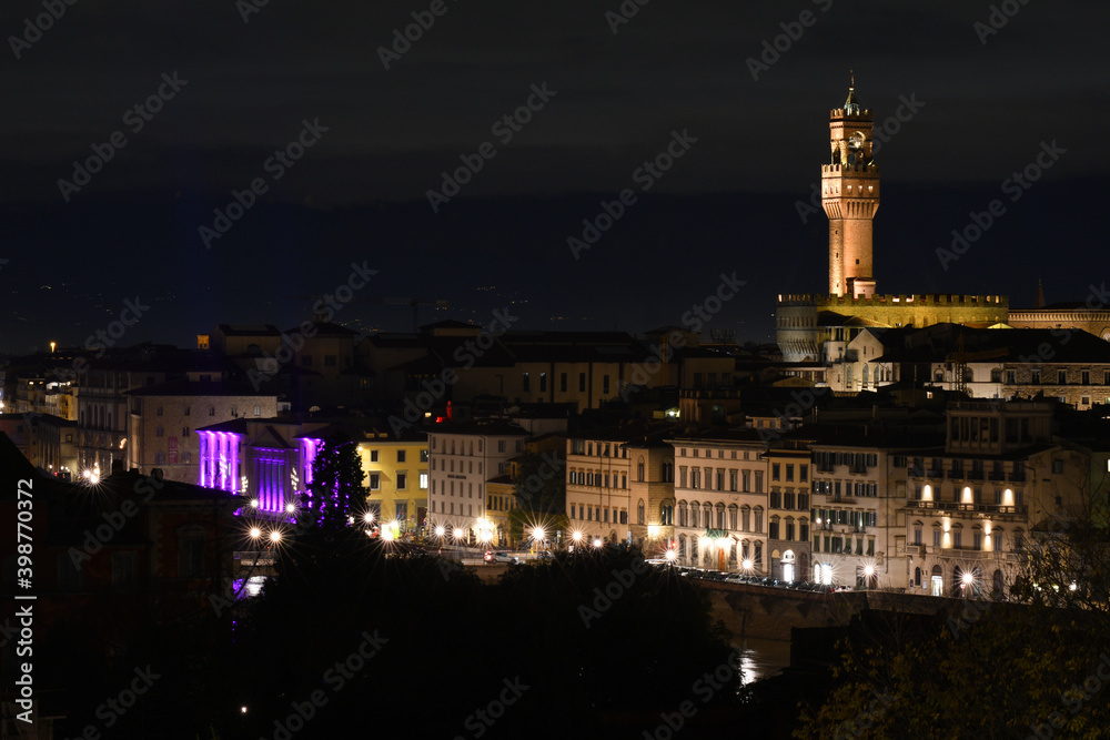 Cityscape of Florence Illuminated in occasion of F-Light Festival 2020 during Christmas time. Italy.