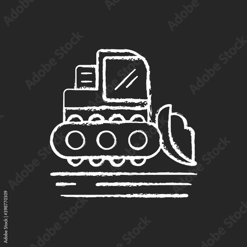 Snow grooming chalk white icon on black background. Process of manipulating snow for recreational uses. Clean snowy streets in winter period. Isolated vector chalkboard illustration