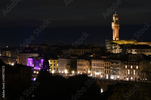 Cityscape of Florence Illuminated in occasion of F-Light Festival 2020 during Christmas time. Italy.