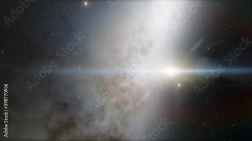 Exploration of galaxies through outer space towards a bright milky-way galaxy. 4K looping animation of flying through bright nebulae, clouds, and star fields. 