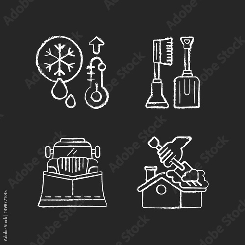 Winter cleaning service chalk white icons set on black background. High temperature snow melting. Snowy weather automobile helping tools. Roof ice removal. Isolated vector chalkboard illustrations