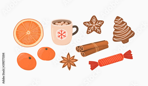 Christmas and winter food vector illustration set.  Marshmallow coffee, dried orange slice, tangerines, cinnamon, anise seed, candy, gingerbread cookies