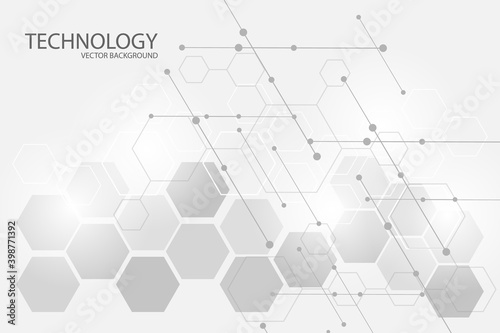 White technology background with honeycomb technological elements. Hexagonal background for digital technology, medicine, science, research and healthcare. 