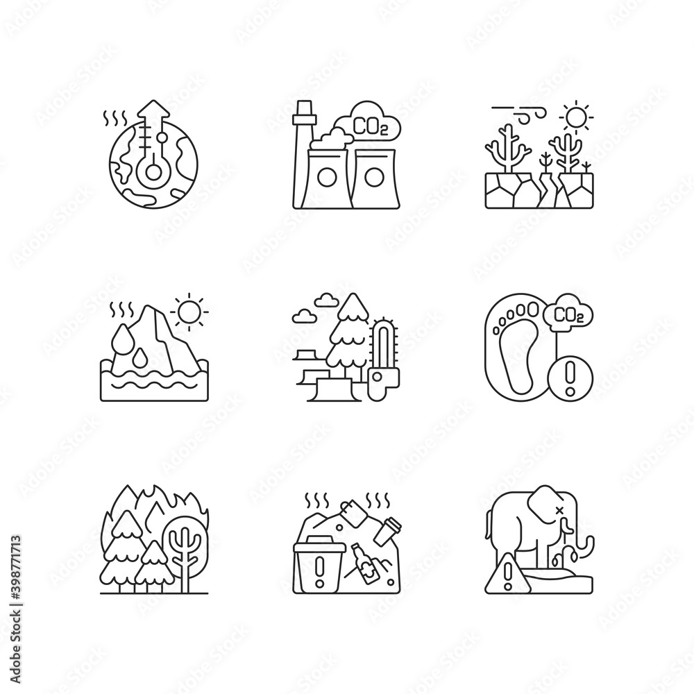 Global warming linear icons set. Green gas emission. Killing huge animal and plants ecosystems. Customizable thin line contour symbols. Isolated vector outline illustrations. Editable stroke Global warming linear icons set. Green gas emission. Killing huge animal and plants ecosystems. Customizable thin line contour symbols. Isolated vector outline illustrations. Editable stroke