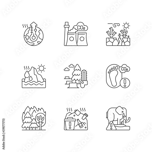 Global warming linear icons set. Green gas emission. Killing huge animal and plants ecosystems. Customizable thin line contour symbols. Isolated vector outline illustrations. Editable stroke