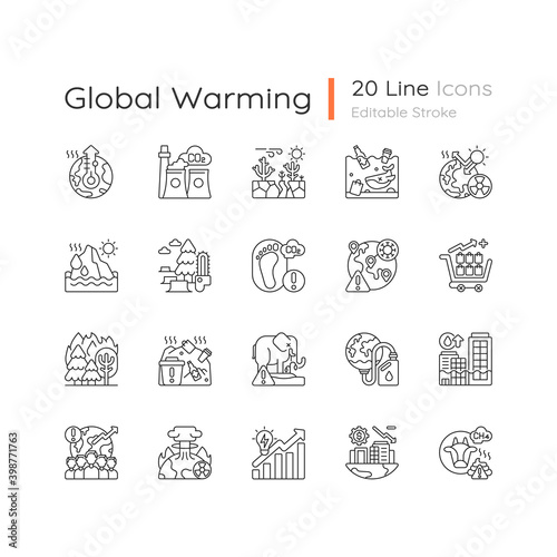 Global warming linear icons set. Making climate change. Planet damaging with reducing life resources. Customizable thin line contour symbols. Isolated vector outline illustrations. Editable stroke