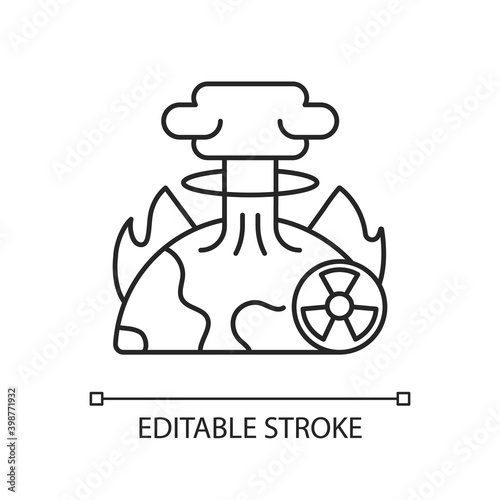 Apocalypse linear icon. End of whole world existence. Damaging every people life. Awful scenario. Thin line customizable illustration. Contour symbol. Vector isolated outline drawing. Editable stroke