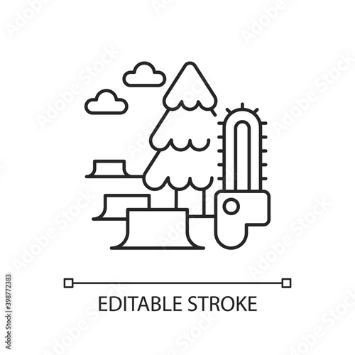 Deforestation linear icon. Removal process of world forest. Damaging lands with clearing trees. Thin line customizable illustration. Contour symbol. Vector isolated outline drawing. Editable stroke