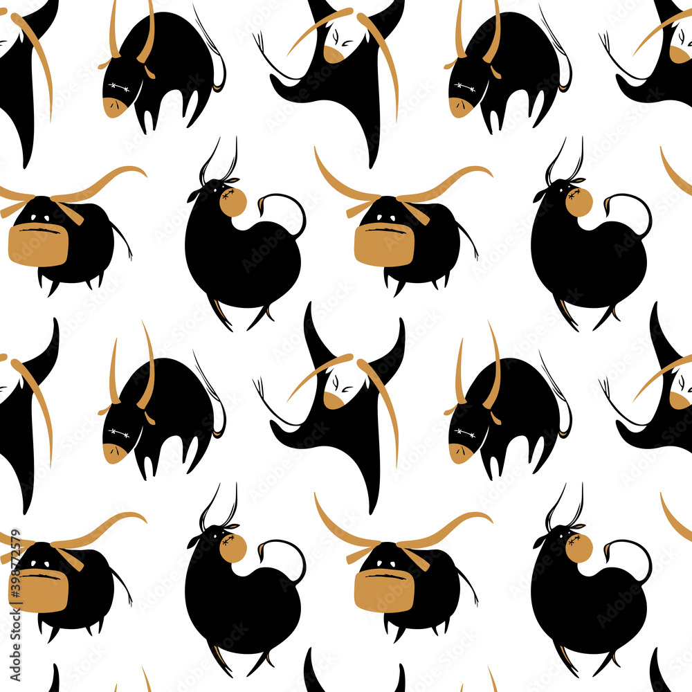 Funny bull seamless pattern, ox New Year 2021 stock illustration. Asia, China - East Asia, 2021, Animal, Animals In The Wild