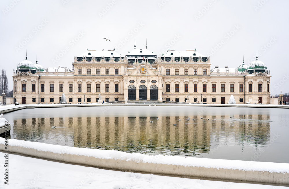 Upper Belvedere palace in Vienna on winter time with snow
