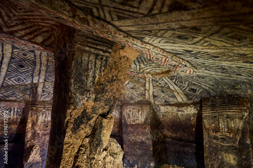 Tierradentro national archeological park, with its tombs of an ancient Pre Columbian culture of Colombia, painted with geometric, anthropomorphic and zoomorphic patterns in red, black and white photo