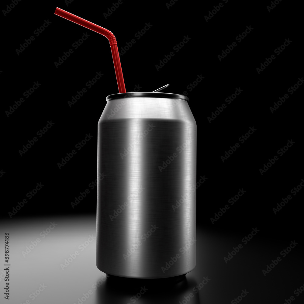 Silver aluminum beer or soda can with red straw isolated on black background Silver aluminum beer or soda can with red straw isolated on black background