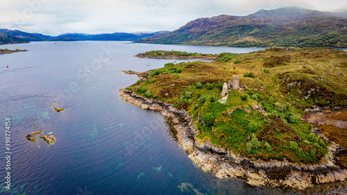 Aerial view of the Caisteal Maol in the village of Kyleakin on the Isle of Skye in the Inner Hebrides, Scotland photo