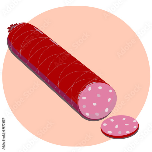 Vector illustration,  salami red pink color, pink background. Use for kitchen textiles, utensils, dishes. Icon, sticker, design of cafe, menu, shop windows.