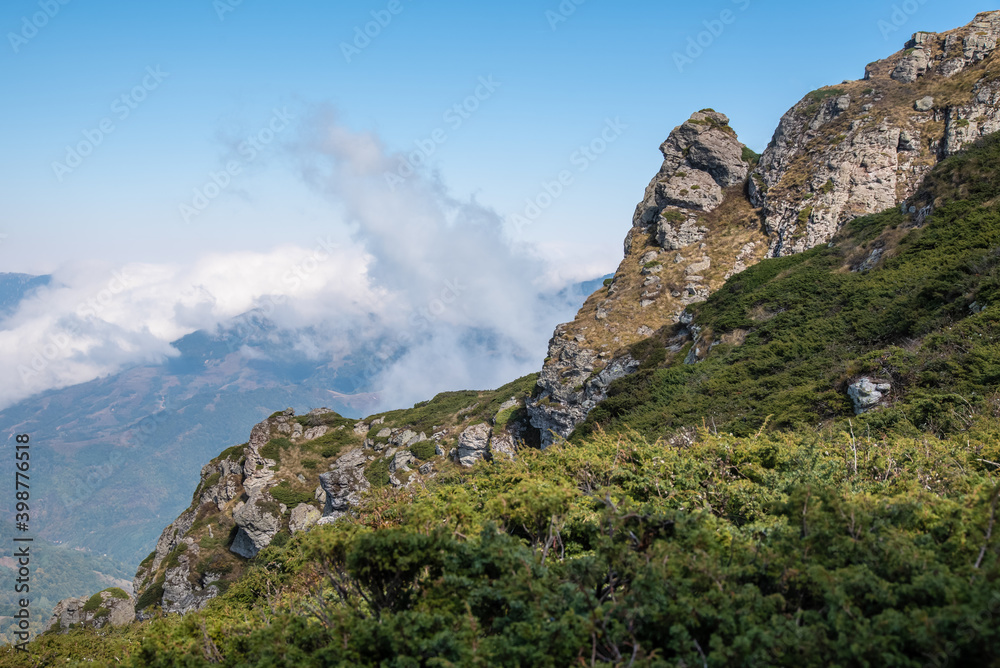 View from the top of Babin zub (The Grandmather's tooth) on Old mountain, which is the most beautiful peak of Stara planina ( Balkan mountains).The impressive and big striking rocks and dense plants.