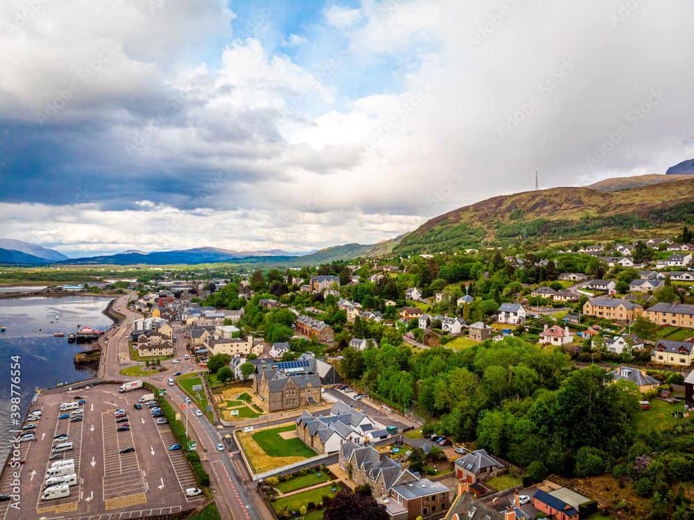 Aerial view of Fort William, a town in the western Scottish Highlands, on the shores of Loch 